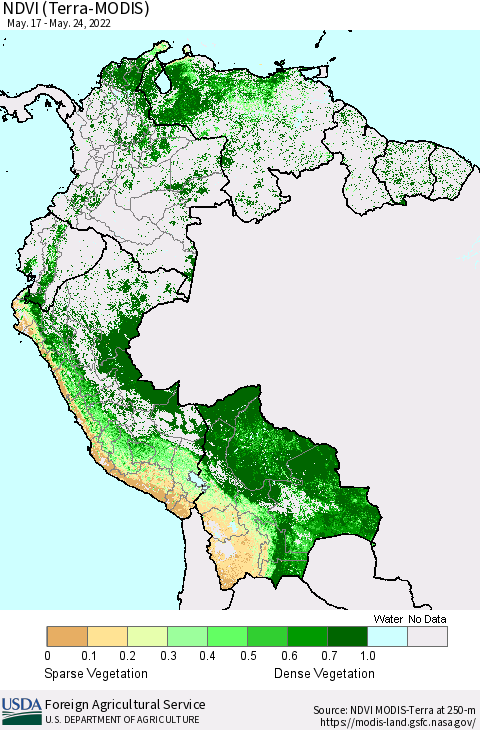 Northern South America NDVI (Terra-MODIS) Thematic Map For 5/21/2022 - 5/31/2022