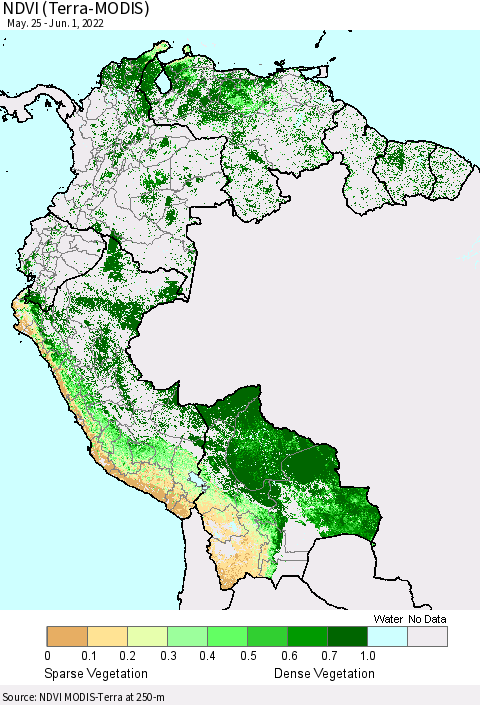 Northern South America NDVI (Terra-MODIS) Thematic Map For 5/25/2022 - 6/1/2022