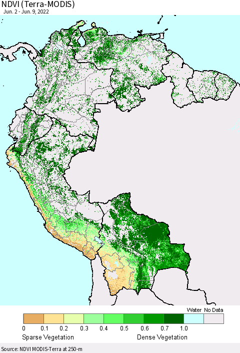 Northern South America NDVI (Terra-MODIS) Thematic Map For 6/2/2022 - 6/9/2022