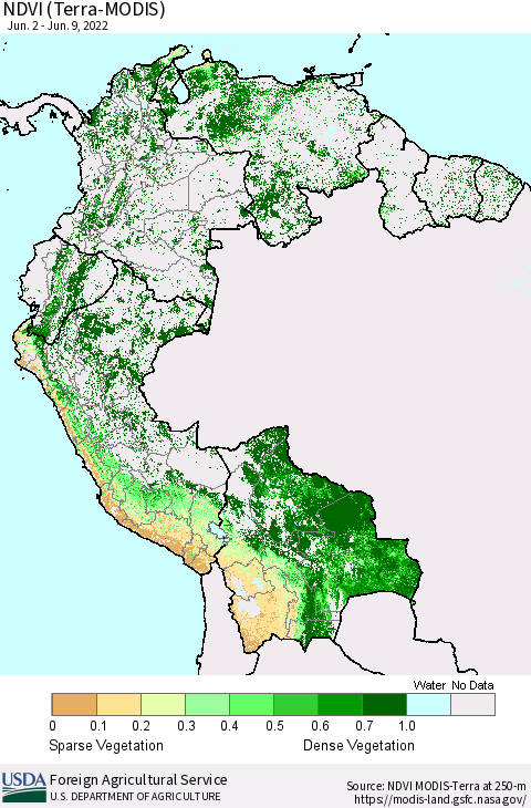 Northern South America NDVI (Terra-MODIS) Thematic Map For 6/1/2022 - 6/10/2022