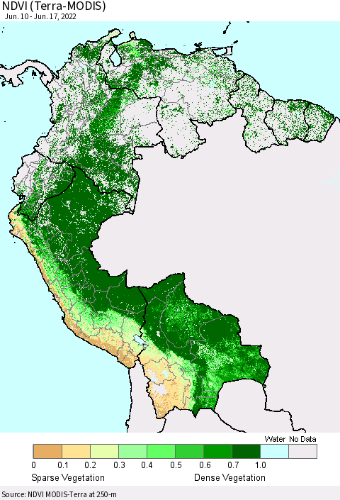 Northern South America NDVI (Terra-MODIS) Thematic Map For 6/10/2022 - 6/17/2022