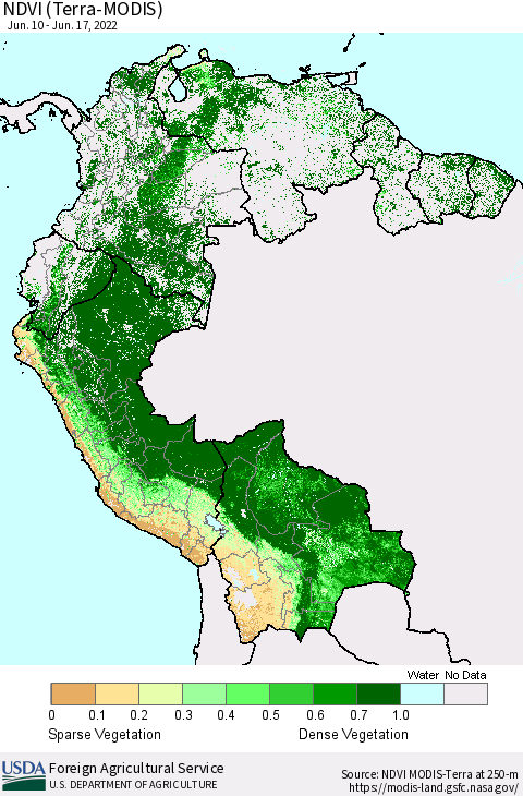 Northern South America NDVI (Terra-MODIS) Thematic Map For 6/11/2022 - 6/20/2022