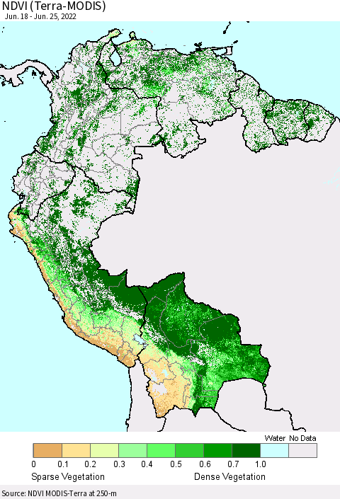 Northern South America NDVI (Terra-MODIS) Thematic Map For 6/18/2022 - 6/25/2022