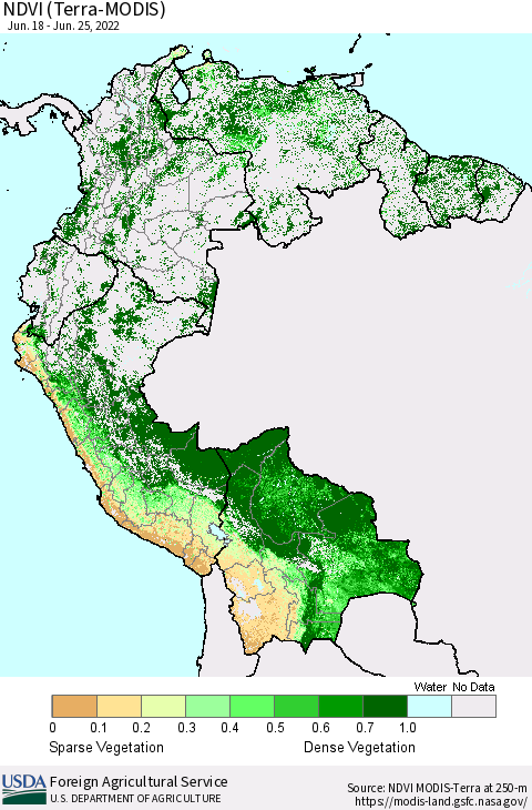 Northern South America NDVI (Terra-MODIS) Thematic Map For 6/21/2022 - 6/30/2022