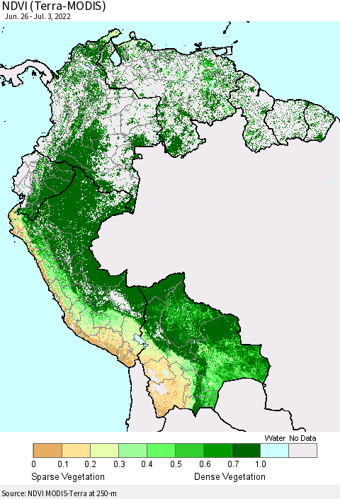 Northern South America NDVI (Terra-MODIS) Thematic Map For 6/26/2022 - 7/3/2022