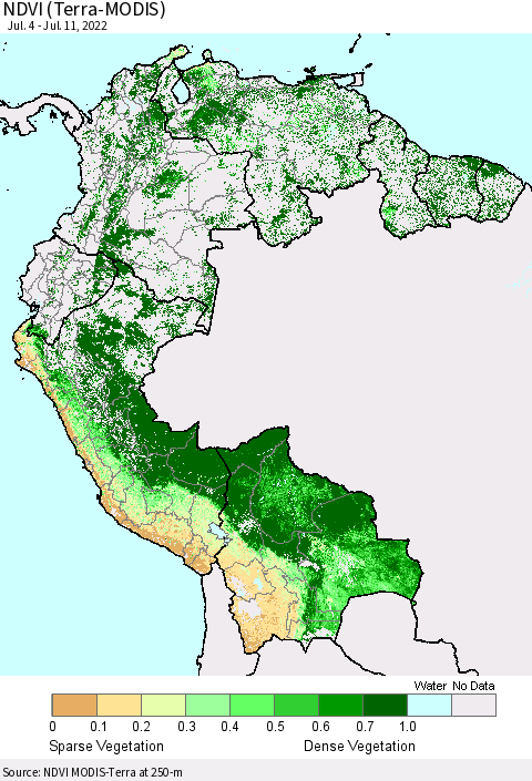 Northern South America NDVI (Terra-MODIS) Thematic Map For 7/4/2022 - 7/11/2022