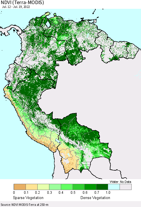 Northern South America NDVI (Terra-MODIS) Thematic Map For 7/12/2022 - 7/19/2022