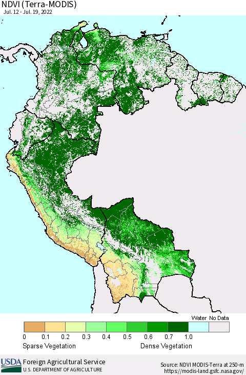 Northern South America NDVI (Terra-MODIS) Thematic Map For 7/11/2022 - 7/20/2022