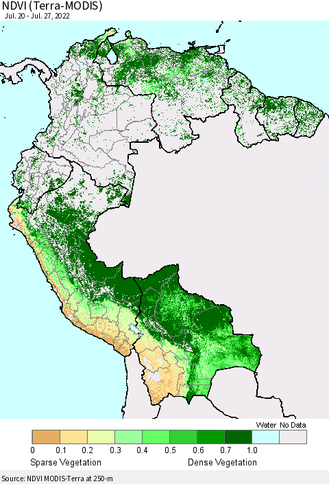 Northern South America NDVI (Terra-MODIS) Thematic Map For 7/20/2022 - 7/27/2022