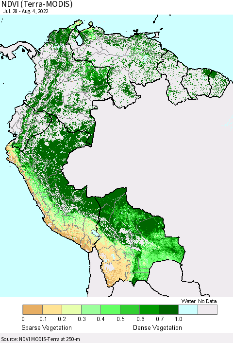 Northern South America NDVI (Terra-MODIS) Thematic Map For 7/28/2022 - 8/4/2022