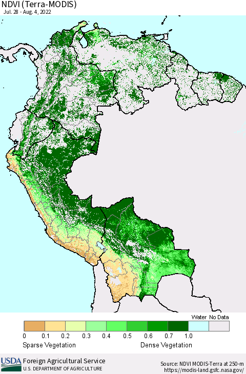 Northern South America NDVI (Terra-MODIS) Thematic Map For 8/1/2022 - 8/10/2022