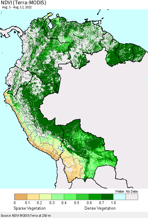 Northern South America NDVI (Terra-MODIS) Thematic Map For 8/5/2022 - 8/12/2022