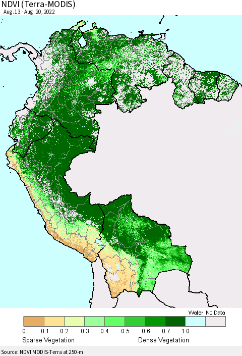 Northern South America NDVI (Terra-MODIS) Thematic Map For 8/11/2022 - 8/20/2022