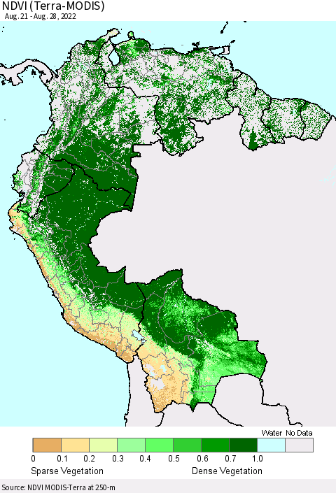 Northern South America NDVI (Terra-MODIS) Thematic Map For 8/21/2022 - 8/28/2022