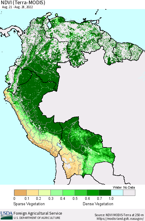 Northern South America NDVI (Terra-MODIS) Thematic Map For 8/21/2022 - 8/31/2022