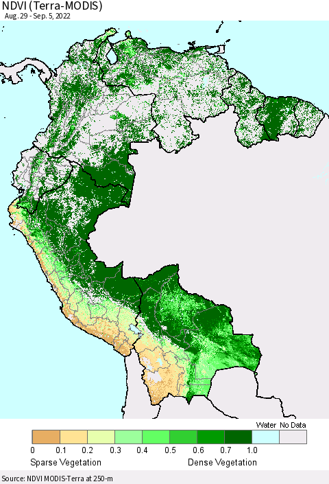 Northern South America NDVI (Terra-MODIS) Thematic Map For 8/29/2022 - 9/5/2022