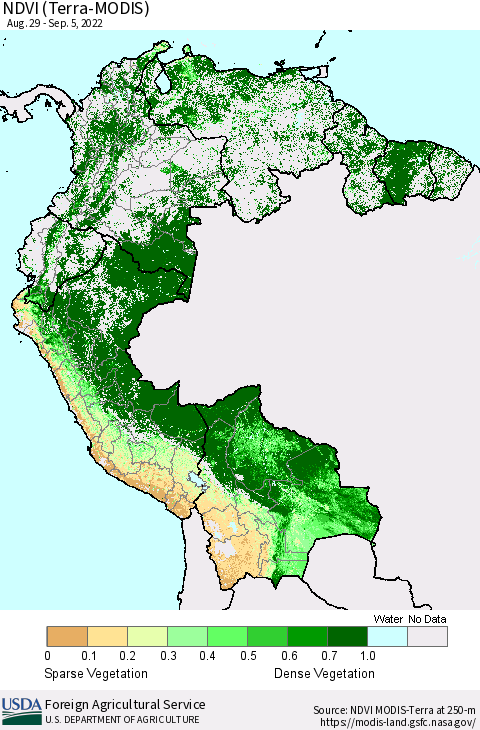 Northern South America NDVI (Terra-MODIS) Thematic Map For 9/1/2022 - 9/10/2022