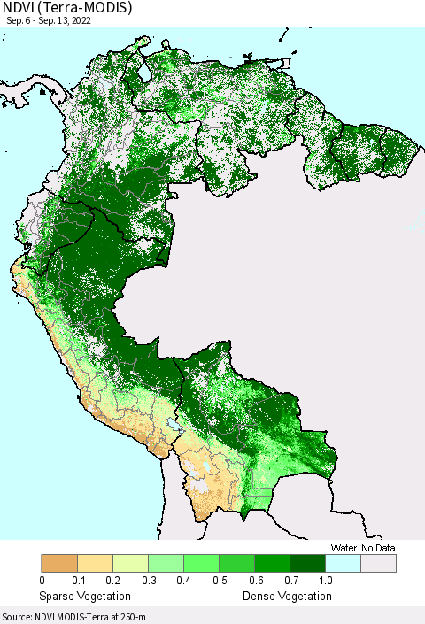Northern South America NDVI (Terra-MODIS) Thematic Map For 9/6/2022 - 9/13/2022