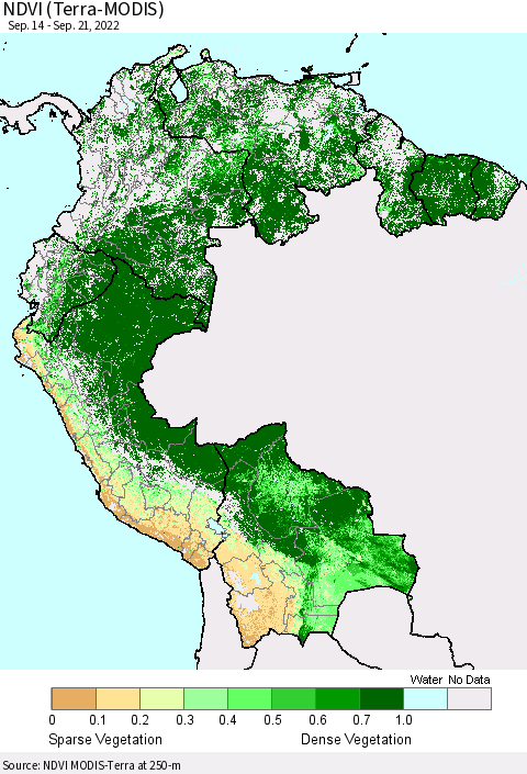 Northern South America NDVI (Terra-MODIS) Thematic Map For 9/14/2022 - 9/21/2022