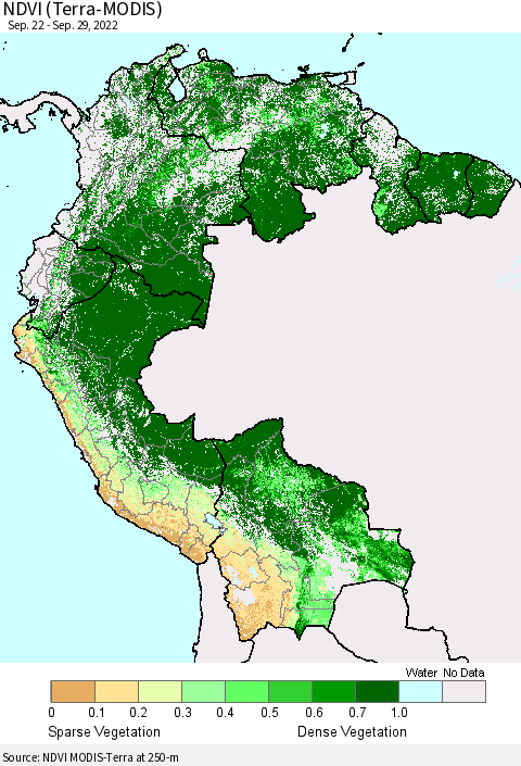 Northern South America NDVI (Terra-MODIS) Thematic Map For 9/22/2022 - 9/29/2022