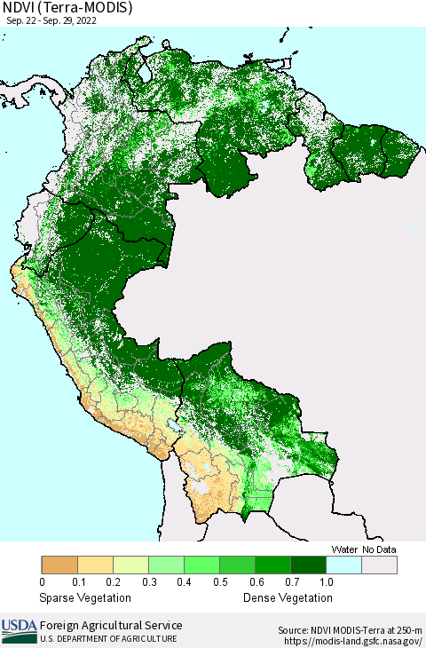 Northern South America NDVI (Terra-MODIS) Thematic Map For 9/21/2022 - 9/30/2022