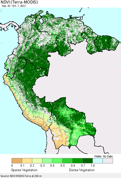 Northern South America NDVI (Terra-MODIS) Thematic Map For 9/30/2022 - 10/7/2022