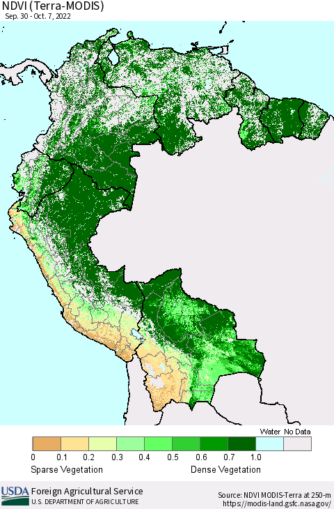 Northern South America NDVI (Terra-MODIS) Thematic Map For 10/1/2022 - 10/10/2022