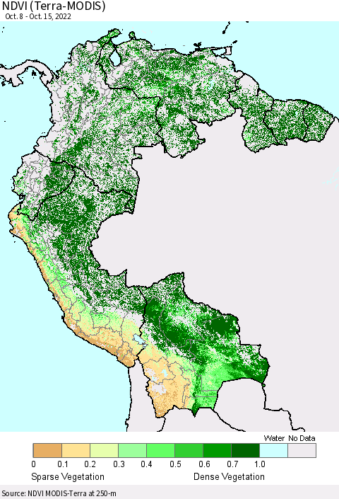 Northern South America NDVI (Terra-MODIS) Thematic Map For 10/8/2022 - 10/15/2022