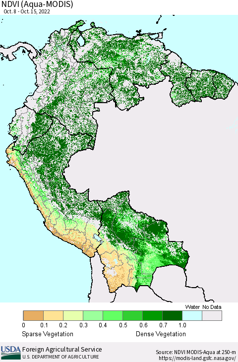 Northern South America NDVI (Terra-MODIS) Thematic Map For 10/11/2022 - 10/20/2022
