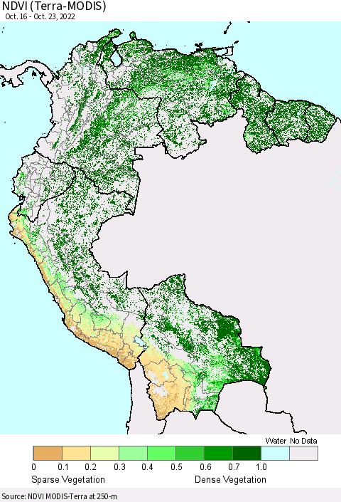 Northern South America NDVI (Terra-MODIS) Thematic Map For 10/16/2022 - 10/23/2022