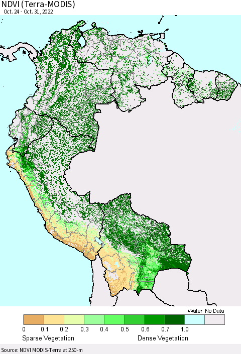 Northern South America NDVI (Terra-MODIS) Thematic Map For 10/24/2022 - 10/31/2022