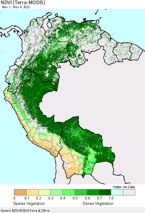 Northern South America NDVI (Terra-MODIS) Thematic Map For 11/1/2022 - 11/8/2022