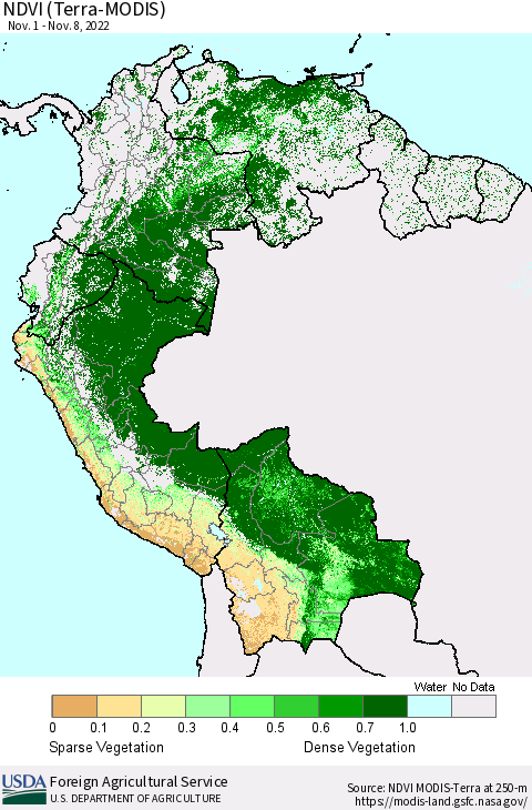 Northern South America NDVI (Terra-MODIS) Thematic Map For 11/1/2022 - 11/10/2022