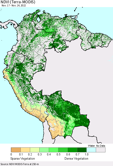 Northern South America NDVI (Terra-MODIS) Thematic Map For 11/17/2022 - 11/24/2022