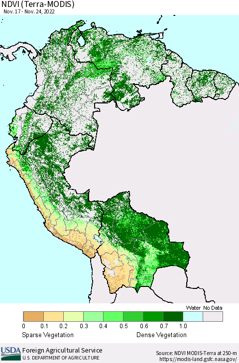 Northern South America NDVI (Terra-MODIS) Thematic Map For 11/21/2022 - 11/30/2022