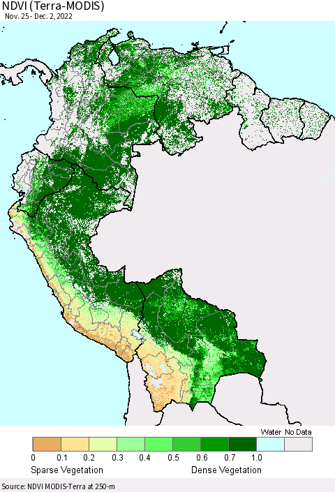 Northern South America NDVI (Terra-MODIS) Thematic Map For 11/25/2022 - 12/2/2022