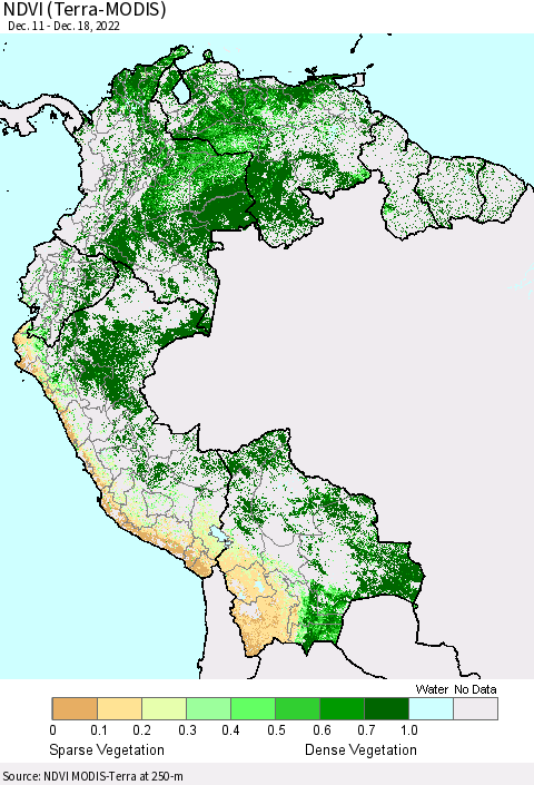 Northern South America NDVI (Terra-MODIS) Thematic Map For 12/11/2022 - 12/18/2022
