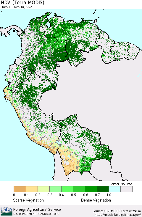 Northern South America NDVI (Terra-MODIS) Thematic Map For 12/11/2022 - 12/20/2022