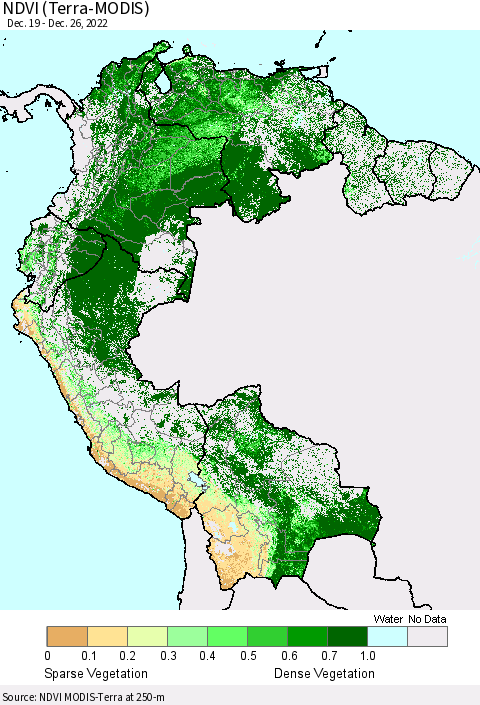 Northern South America NDVI (Terra-MODIS) Thematic Map For 12/19/2022 - 12/26/2022