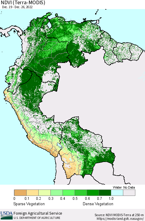 Northern South America NDVI (Terra-MODIS) Thematic Map For 12/21/2022 - 12/31/2022