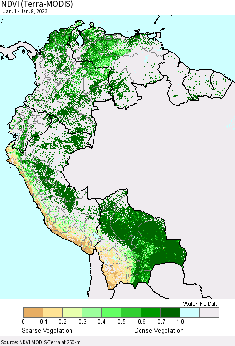 Northern South America NDVI (Terra-MODIS) Thematic Map For 1/1/2023 - 1/8/2023