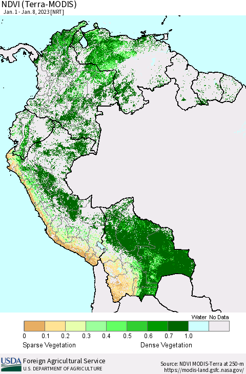 Northern South America NDVI (Terra-MODIS) Thematic Map For 1/1/2023 - 1/10/2023