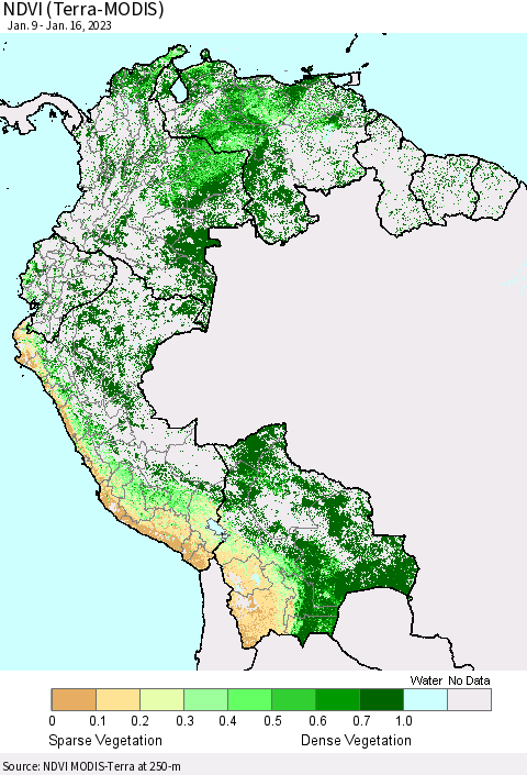 Northern South America NDVI (Terra-MODIS) Thematic Map For 1/9/2023 - 1/16/2023