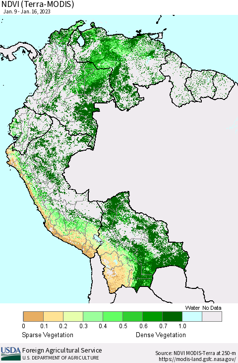 Northern South America NDVI (Terra-MODIS) Thematic Map For 1/11/2023 - 1/20/2023