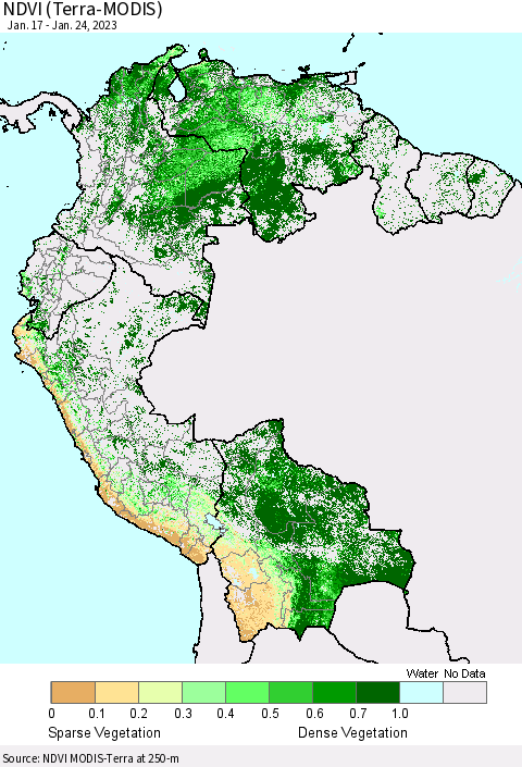 Northern South America NDVI (Terra-MODIS) Thematic Map For 1/17/2023 - 1/24/2023