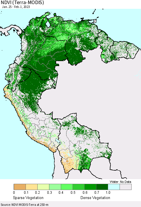 Northern South America NDVI (Terra-MODIS) Thematic Map For 1/25/2023 - 2/1/2023