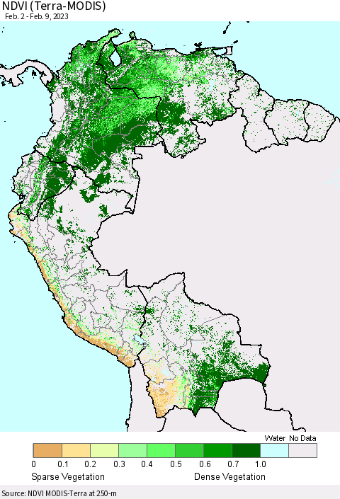 Northern South America NDVI (Terra-MODIS) Thematic Map For 2/2/2023 - 2/9/2023