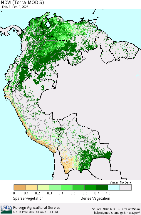 Northern South America NDVI (Terra-MODIS) Thematic Map For 2/1/2023 - 2/10/2023