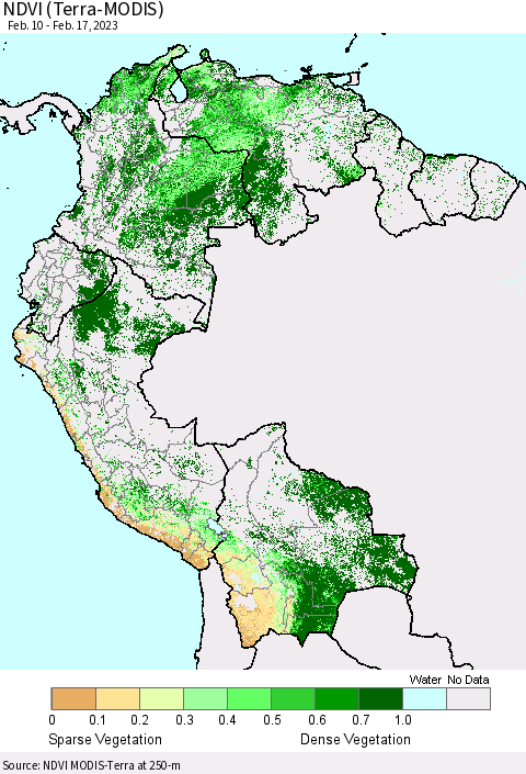 Northern South America NDVI (Terra-MODIS) Thematic Map For 2/10/2023 - 2/17/2023