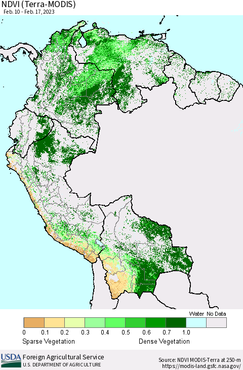Northern South America NDVI (Terra-MODIS) Thematic Map For 2/11/2023 - 2/20/2023